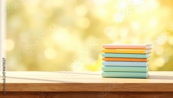 Fototapeta Colorful books stacked neatly on a wooden surface against a sunlit background create a peaceful ambiance