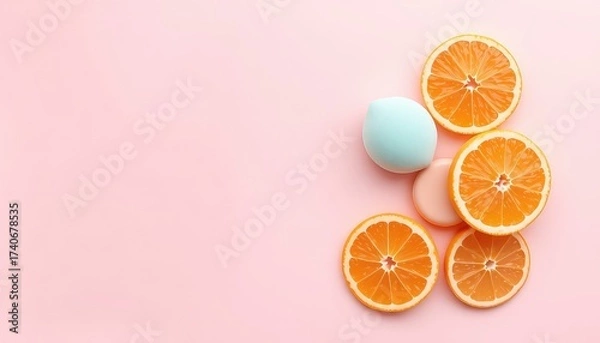 Fototapeta Vibrant citrus fruit slices and pastel cosmetic sponges arranged creatively on a delicate light rose colored background promoting freshness