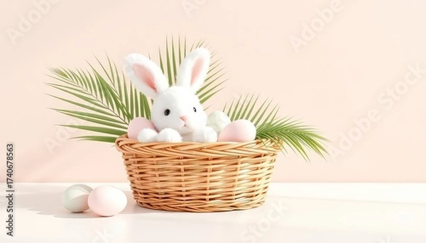 Fototapeta Fluffy white rabbit peeks out of a woven basket filled with pastel eggs and fresh green leaves against a soft muted background