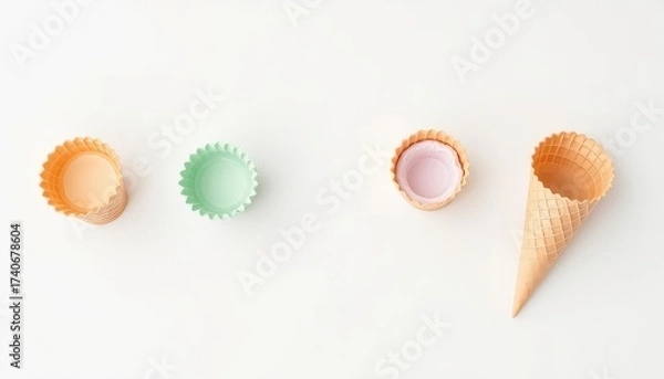 Fototapeta Pastel confectionery collection featuring pink, peach, and pistachio hues, positioned diagonally on a pristine, minimalist, clean white surface