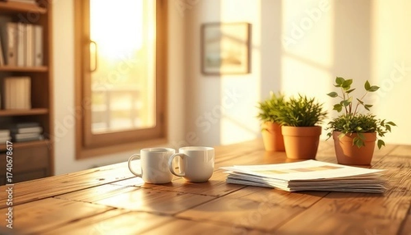 Fototapeta Warm sunlight illuminates a desk with coffee cups, houseplants, and documents in a cozy setting