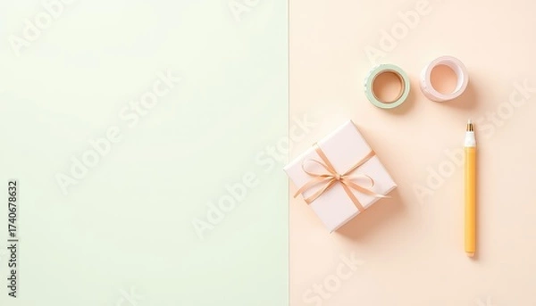 Obraz Thoughtful gift wrapping setup featuring a present, pen, decorative tapes, and pastel backgrounds for a delicate and creative feel