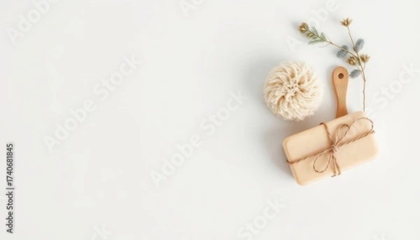 Fototapeta Minimalist composition of bath and body care essentials promoting a serene and refreshing wellness experience
