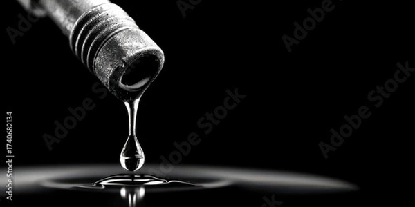Fototapeta Close-up of an oil droplet falling from a dark, textured nozzle