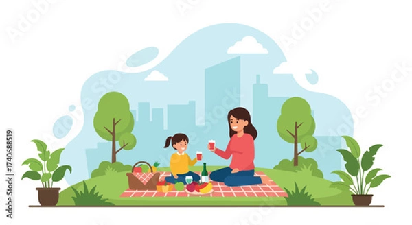 Fototapeta Adobe illustrator artwork vector illustration. A mother and child enjoy a delightful picnic in a park with a city skyline backdrop, complete with a basket, fruits, and drinks. Perfect for family