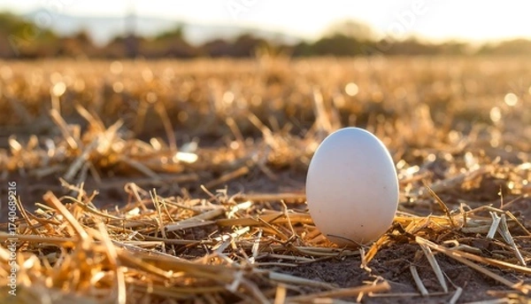 Obraz Single egg on straw field at sunset