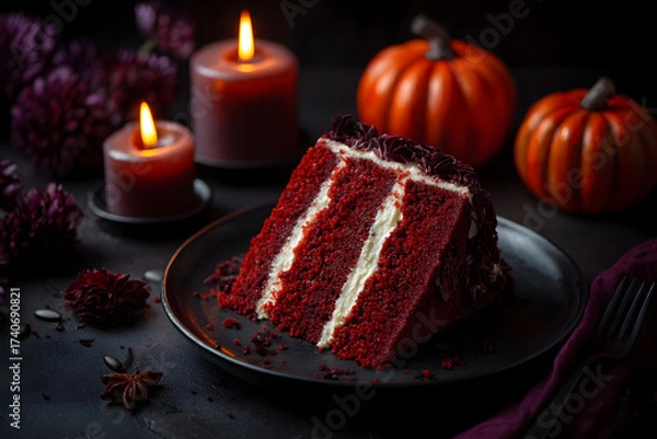 Fototapeta A slice of red velvet cake with candles and pumpkins on a dark halloween themed background table top view