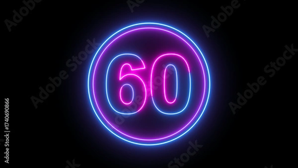 Fototapeta Vibrant blue and pink neon light glowing number sixty in a circular frame against a dark background, ideal for countdowns or celebrations