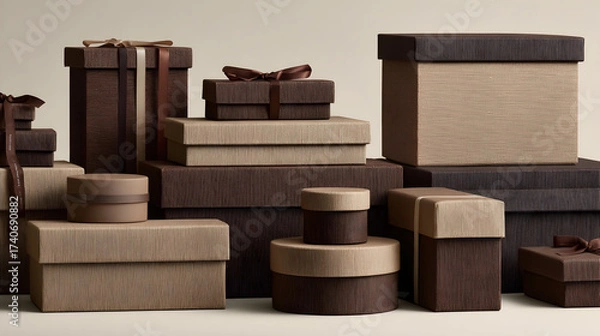 Fototapeta A collection of textured brown and beige gift boxes of varying sizes stacked on a neutral background