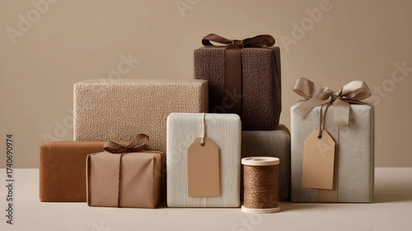 Fototapeta Assortment of wrapped gifts with ribbons and tags in neutral tones on a plain background surface