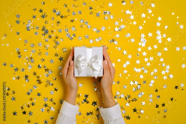 Fototapeta Hands holding a white gift box with a bow on yellow background with silver star confetti scattered around