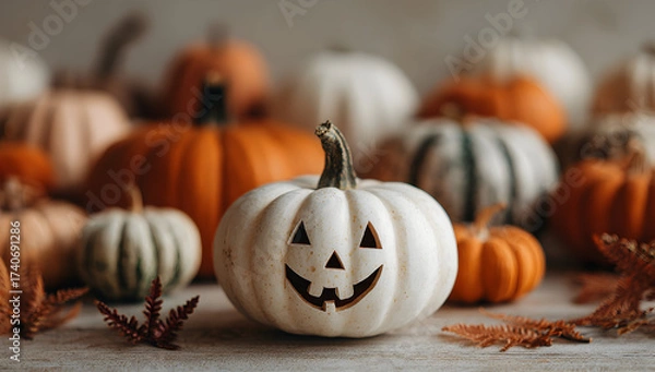 Fototapeta A white carved pumpkin with a smiling face surrounded by other pumpkins and autumn leaves decoratively