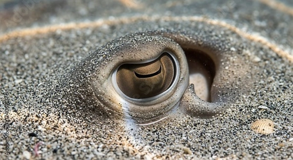 Fototapeta Close-up of a camouflaged stingray's eye peeking out from sandy seabed, natural habitat