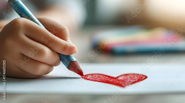 Fototapeta A child's hand drawing a red heart on white paper with a blue and red colored pencil closeup shot
