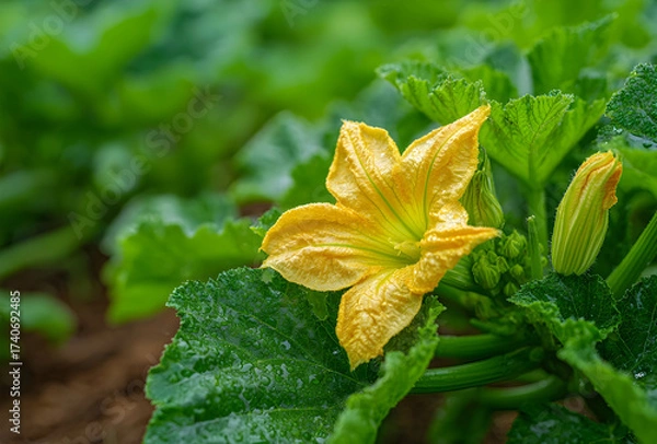 Fototapeta A close up of a vibrant yellow zucchini flower surrounded by lush green leaves in a garden setting
