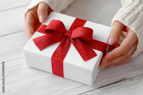 Fototapeta Woman holding a white gift box with a red ribbon and bow on a white wooden surface close up view
