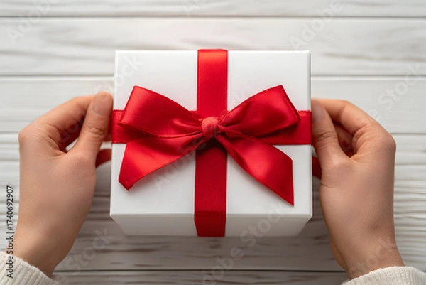 Fototapeta Hands holding a white gift box tied with a red ribbon on a white wooden surface in a close up shot