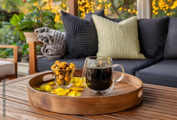 Fototapeta A cozy outdoor setup with a drink, snacks, and pillows on a wooden table and couch arrangement