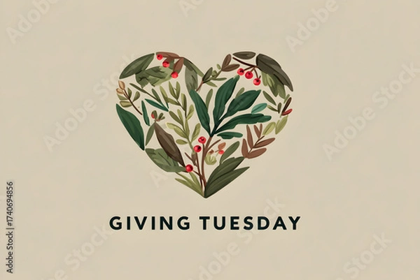 Fototapeta Watercolor heart shape filled with green and brown leaves and red berries for giving tuesday event