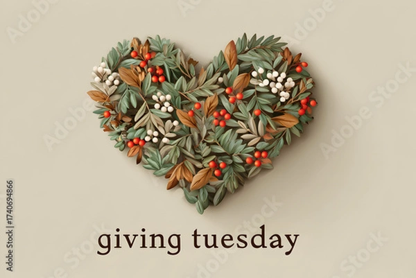 Fototapeta A heart shaped wreath made of leaves and berries with giving tuesday text below the wreath shape