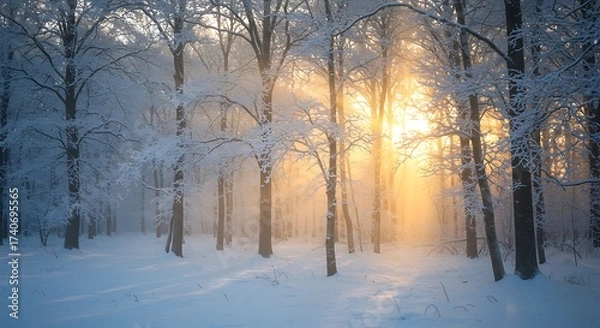 Fototapeta Winter forest scene with snow covered trees and bright sunlight streaming through