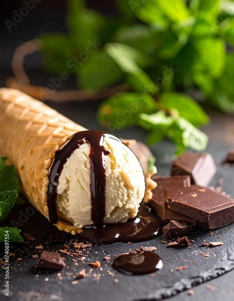 Obraz Delicious Ice Cream Cone with Chocolate Drizzle and Mint Garnish.