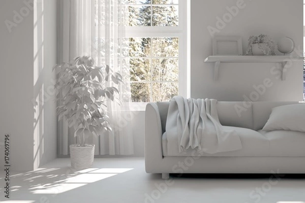 Fototapeta Idea of white minimalist room with sofa. Scandinavian interior design. 3D illustration