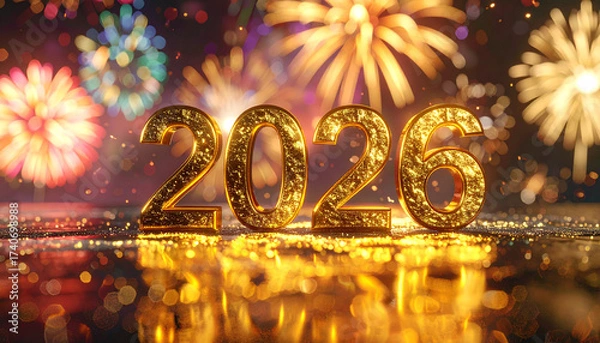 Fototapeta Golden 2026 Celebration: Illuminated gold numerals shine brilliantly, as fireworks explode in a stunning visual display, signifying the dawn of a new year and the promise of the future. 