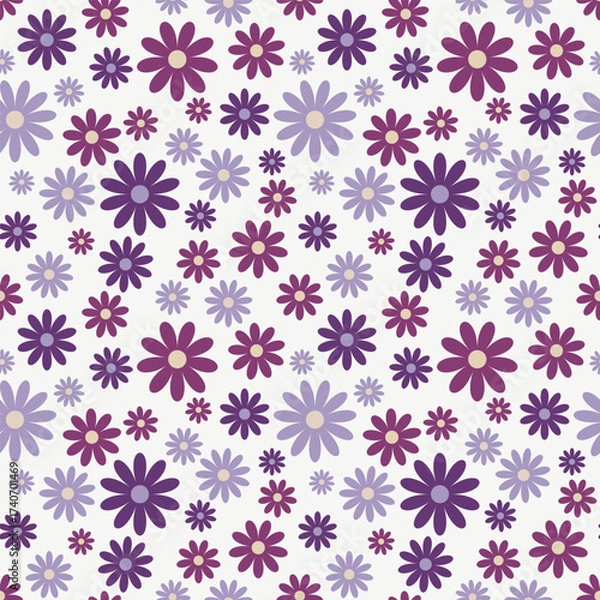 Fototapeta Floral seamless pattern on a light background in trendy colors, flat design, vector. Abstract flowery pattern for fabric, wrapping paper, packaging, labels. Flowers in lilac, purple shades, background
