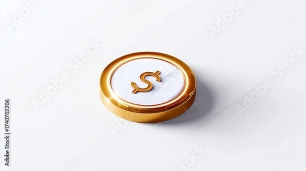 Fototapeta Floating 3D icon of shiny golden coin with dollar symbol, glowing rim light, white clean background