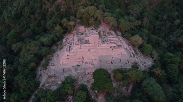 Fototapeta Drone shot of ancient temple ruins surrounded by jungle, mysterious historical atmosphere