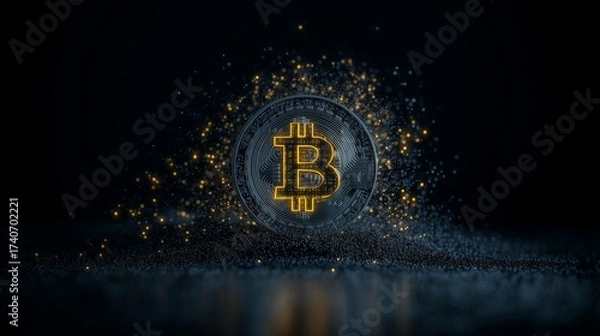 Fototapeta Golden bitcoin coin glowing with digital network background, futuristic cryptocurrency concept