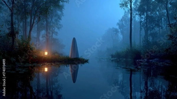 Fototapeta A Mystical Landscape with a Figure and Reflections in a Serene Misty Environment