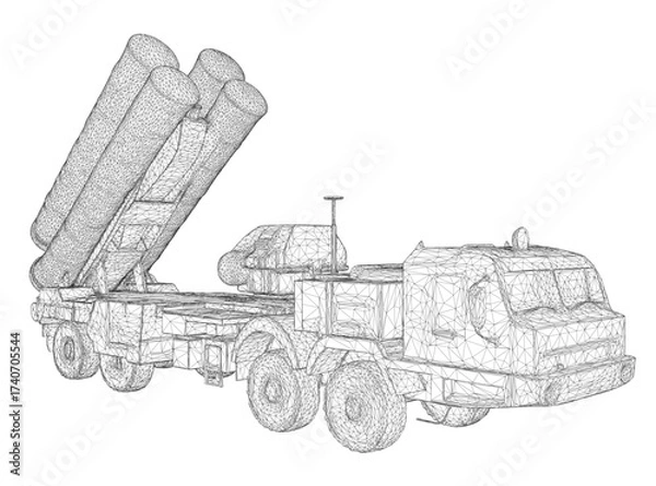 Fototapeta Animated 3D wireframe model of a military missile launcher truck in motion. The vehicle features a large missile on its back and is set against a clean white background.