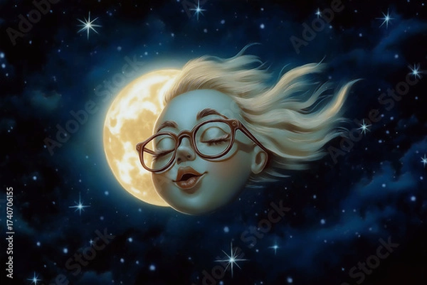 Fototapeta Creative dreamy illustration of a girl with long hair merging with the moon in a night sky. Surreal concept combining fantasy and cosmic symbolism.