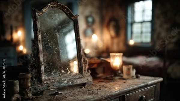 Fototapeta An antique mirror and lit candles on a dresser create a vintage and rustic atmosphere