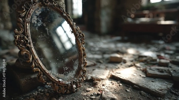 Fototapeta An old ornate mirror in a dilapidated room showing signs of abandonment and decay