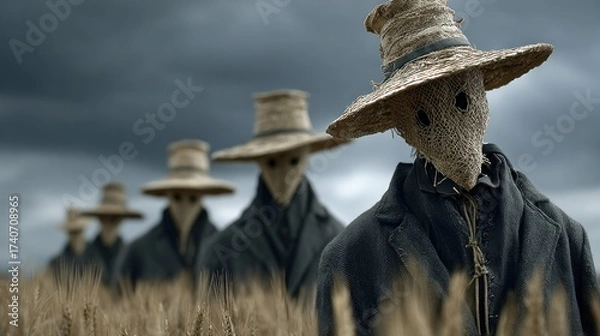 Fototapeta Eerie Plague Doctor Scarecrows in a Field Under a Dramatic Cloudy Sky