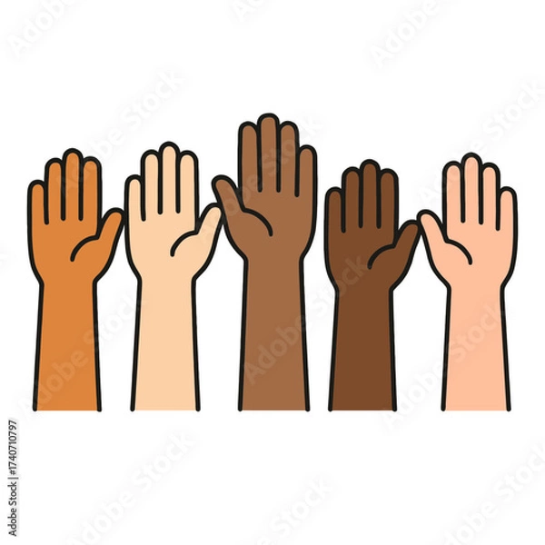 Fototapeta Illustration of raised hands in various skin tones, symbolizing unity, diversity, and community participation.