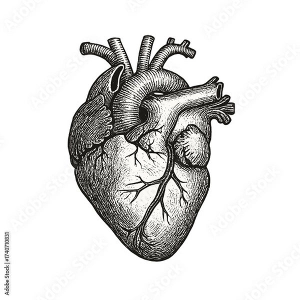 Fototapeta Detailed vintage illustration of a human heart, showcasing anatomical structure with veins and arteries, drawn in hand-engraved style