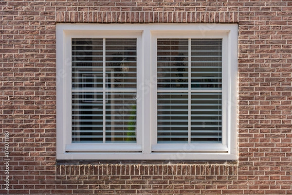 Fototapeta Window framed in brick wall with blinds, offering glimpses of the outside world beyond the facade.