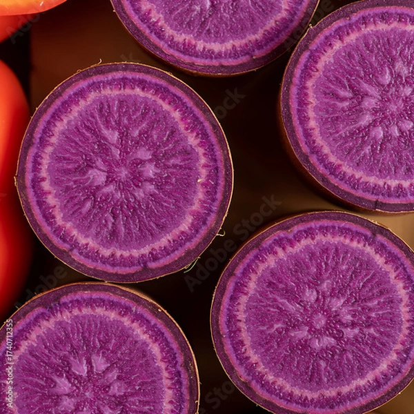 Fototapeta 
Macro Close-Up of Sliced Purple Ube Yam and Pile of Pink-Purple Sweet Peppers – Vivid Root Vegetable Texture.close up of a pile of pink and purple sweet pepper, Macro shot of sliced purple ube yam 