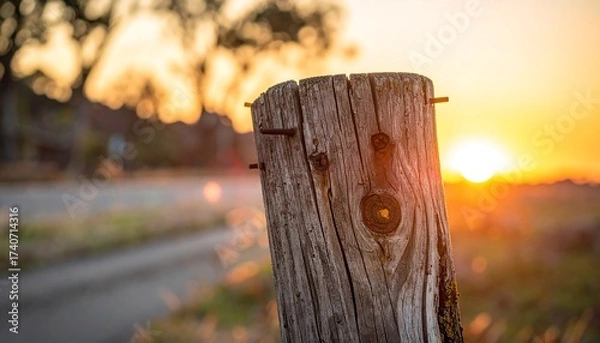 Obraz Rustic Wooden Post at Sunset - A Serene Countryside Scene.