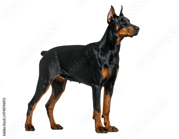 Fototapeta Sleek, muscular, alert Doberman Pinscher stands confidently against a stark black backdrop