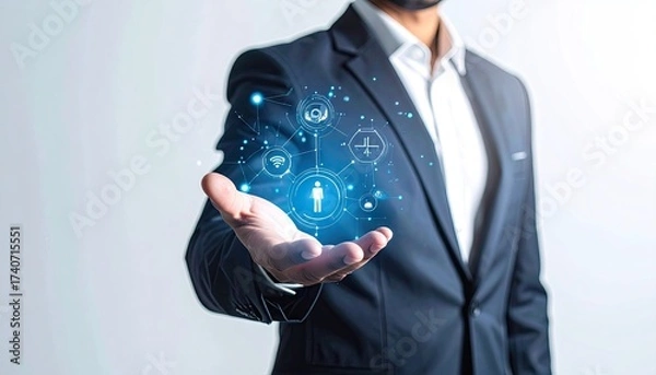 Obraz Abstract Business Technology Concept of Blue Light Network Connection on a Hand Against White Background with a Man in a Dark Blue Suit and White Shirt