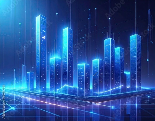 Obraz Abstract Cityscape with Luminous Blue Buildings and Data Flow in Digital Style