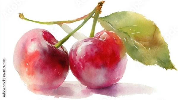 Obraz Two vibrant cherries with green leaves, depicted in a watercolor style, showcasing their natural beauty and freshness.