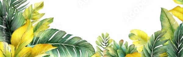 Obraz A vibrant watercolor illustration of tropical leaves in various shades of green and yellow, framing a blank white space.