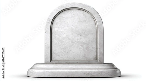 Obraz A plain, upright gravestone with a rounded top, set on a rectangular base, conveying a somber and respectful tone.