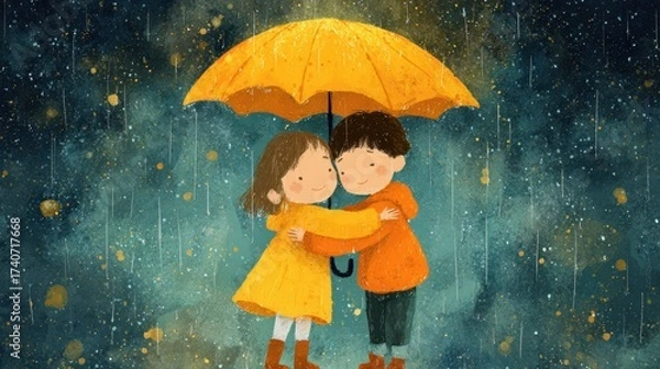 Obraz Two children share a joyful moment under a bright yellow umbrella, embracing in the rain, surrounded by a whimsical, colorful backdrop.